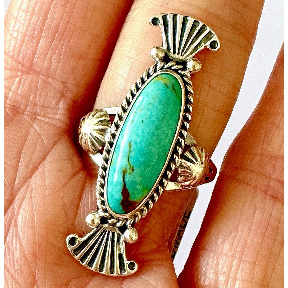 Navajo Turquoise Ring Sz 7‎ Long Sterling Benally Native American